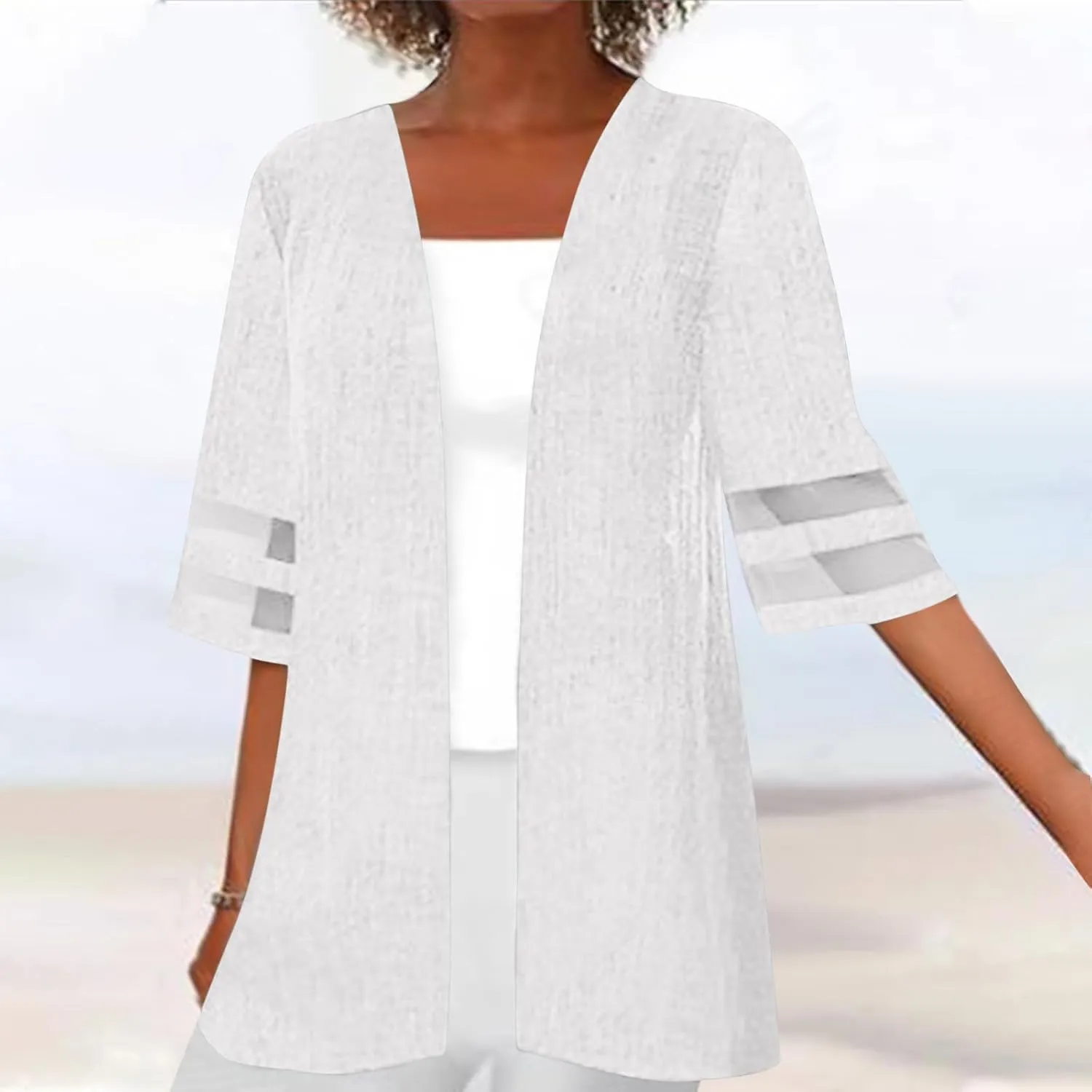 Women's 2024 Fall Open Front Cardigans Classic Lace Trim Kimono Plus Size Summer Beach Cover Ups Linen Dressy Blouses