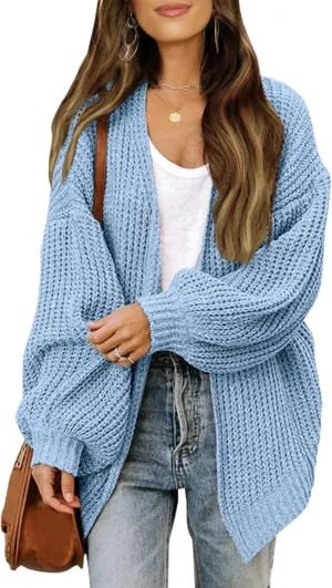Women's 2024 Fall Open Front Cardigans Long Lantern Sleeve Cozy Knitted Sweaters Casual Oversized Chunky Outwear Coat