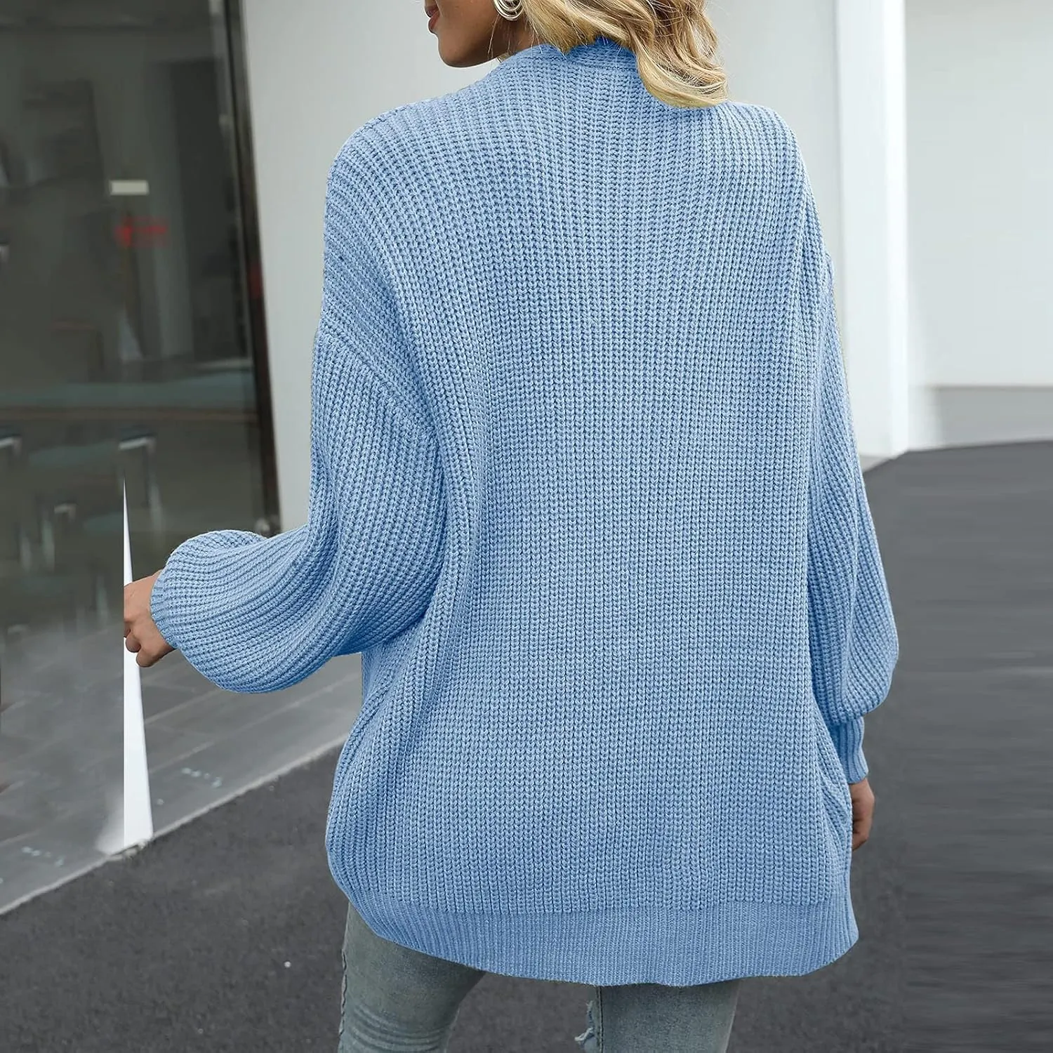 Women's 2024 Fall Open Front Cardigans Long Lantern Sleeve Cozy Knitted Sweaters Casual Oversized Chunky Outwear Coat