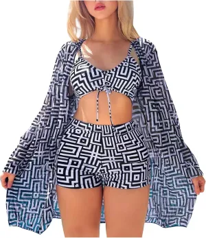 Womens 3 Pieces Bikini Set Swimsuit Tropical Beach Cover up Kimono Swimwear Bathing Suit Tankini Top with Boy Shorts