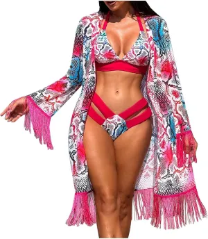 Womens 3 Pieces Bikini Set Swimsuit Tropical Beach Cover up Kimono Swimwear Bathing Suit with Boy Shorts