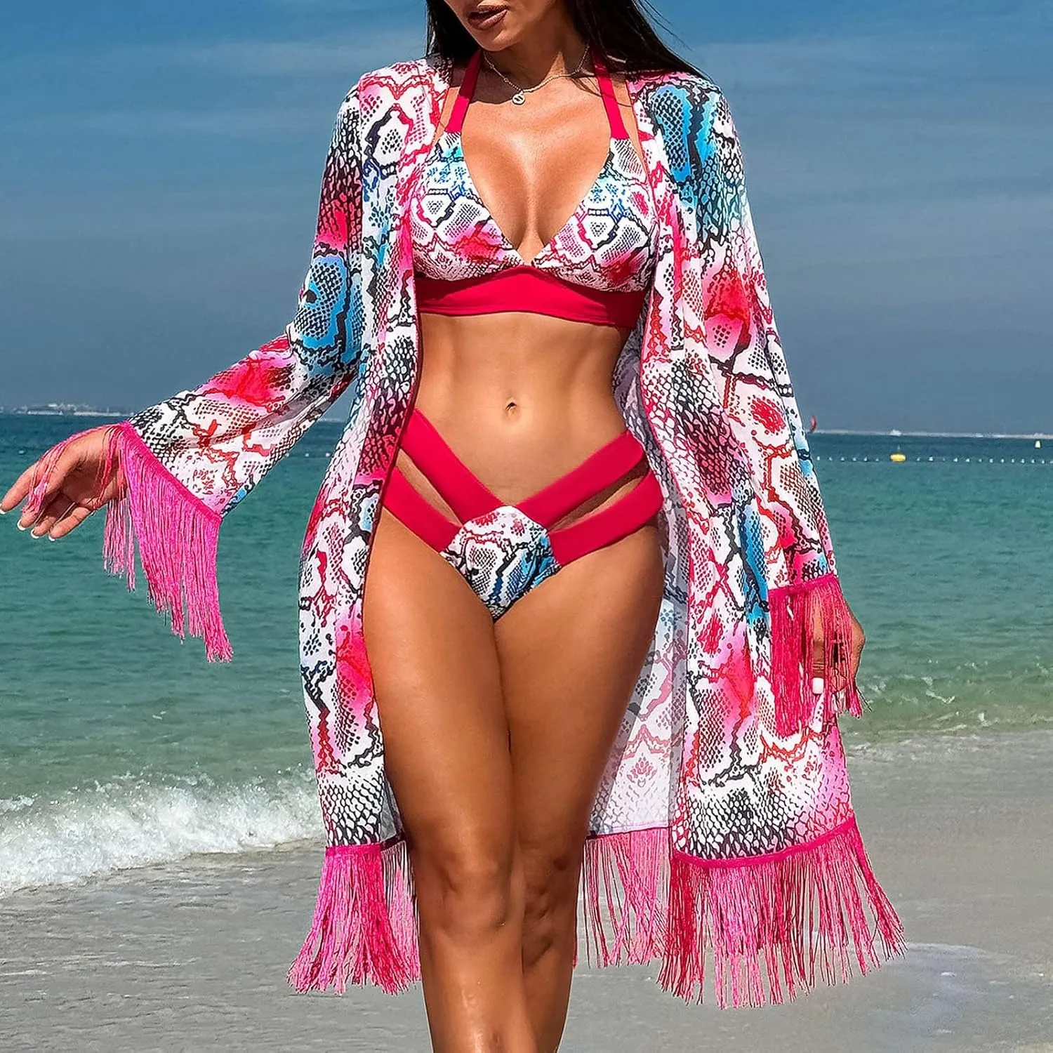 Womens 3 Pieces Bikini Set Swimsuit Tropical Beach Cover up Kimono Swimwear Bathing Suit with Boy Shorts