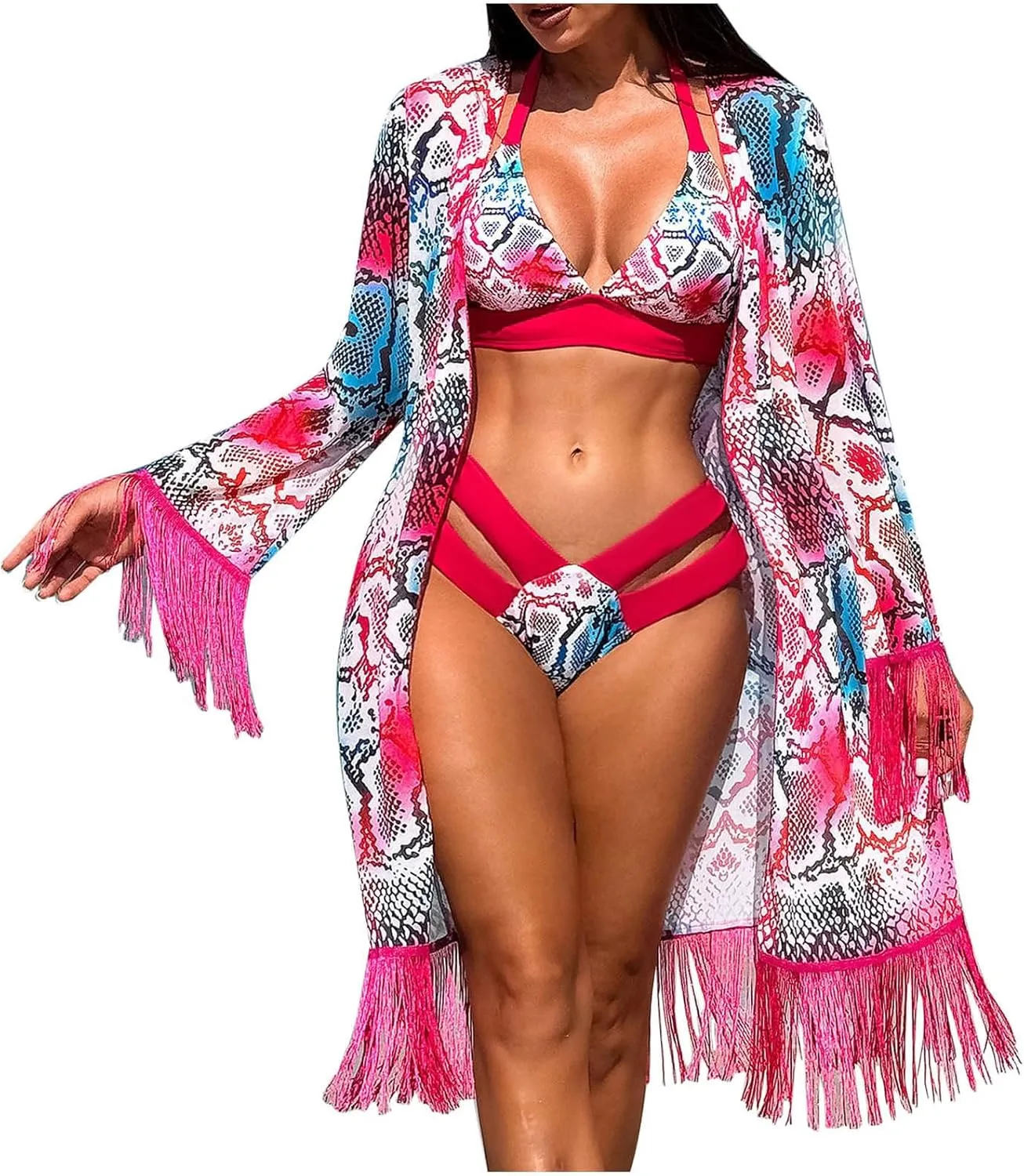 Womens 3 Pieces Bikini Set Swimsuit Tropical Beach Cover up Kimono Swimwear Bathing Suit with Boy Shorts