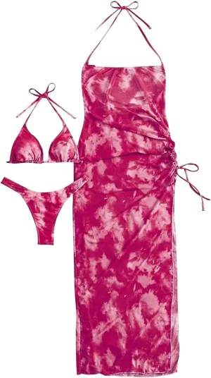 Womens 3 Pieces Bikini Sets Triangle Halter Swimsuits Briefs with Swim Cover Up Dress Tie Dye Bathing Suits Swimwear