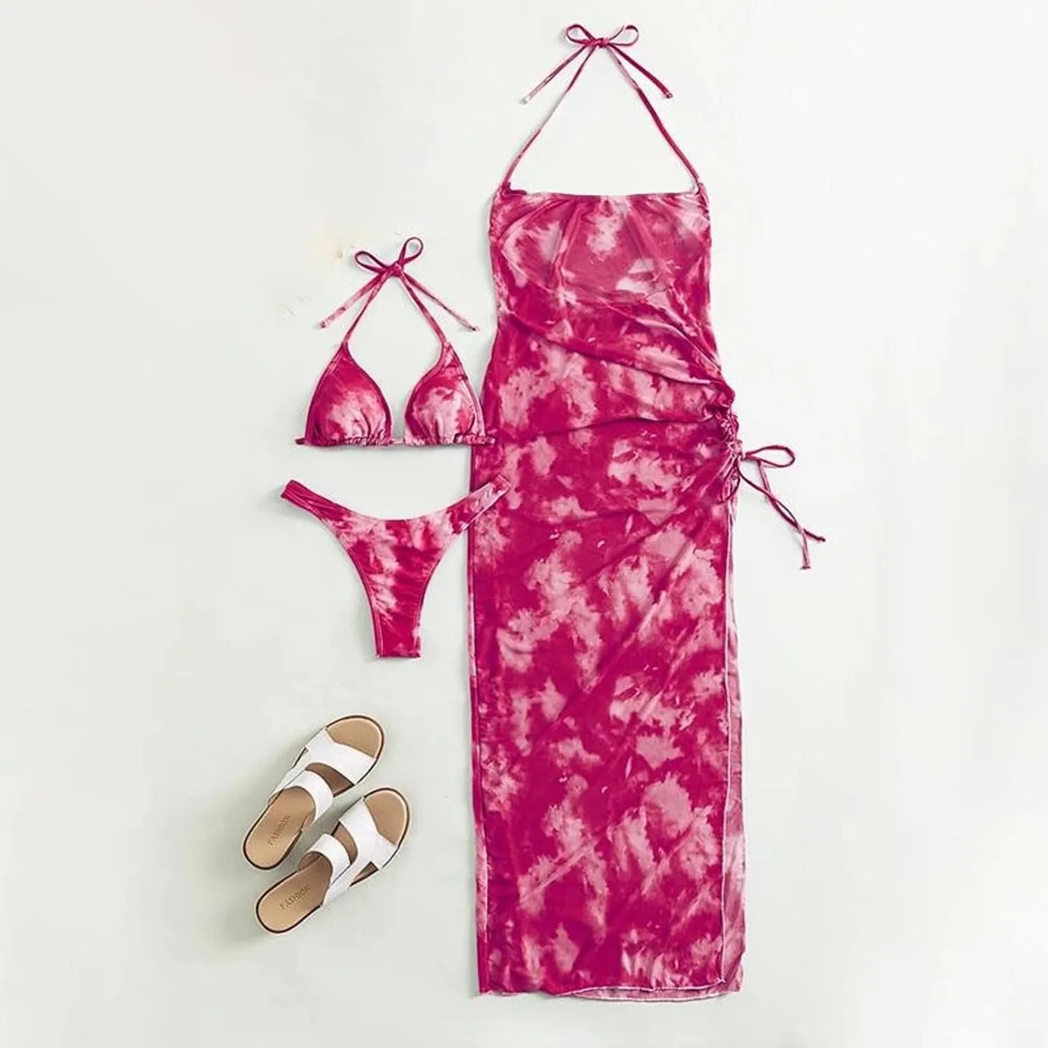 Womens 3 Pieces Bikini Sets Triangle Halter Swimsuits Briefs with Swim Cover Up Dress Tie Dye Bathing Suits Swimwear