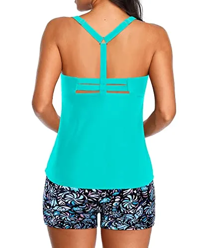 Women's Athletic Tankini With Adjustable Shoulder Straps-Light Blue-Green Floral
