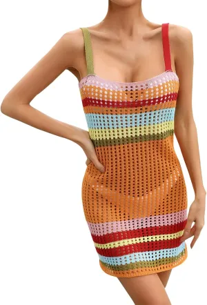 Womens Bathing Suit Cover Ups Bikini Crochet Swimsuits Swimwear Cut Out Summer Beach Spaghetti Straps Cami Dresses