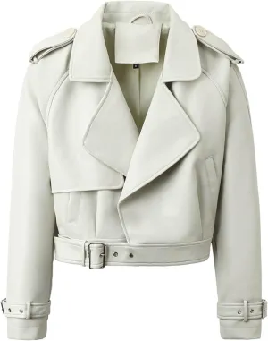 Women's Belted Faux Leather Moto Jacket Y2k Clothes Lapel Collar Motorcycle Long Sleeve Motor Biker Short Coat Jacket