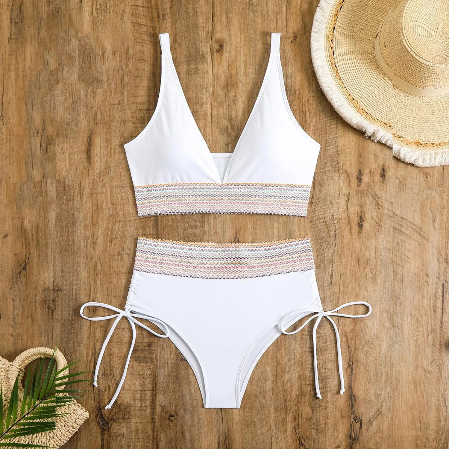 Women's Bikini Sets Sexy Deep-V Gathered Bras Stretchy High Waist Lace up Briefs Swimsuit Bathing Suits Swimwear