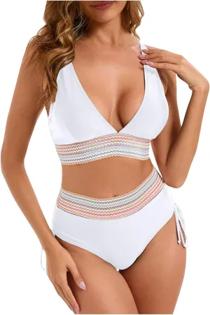 Women's Bikini Sets Sexy Deep-V Gathered Bras Stretchy High Waist Lace up Briefs Swimsuit Bathing Suits Swimwear