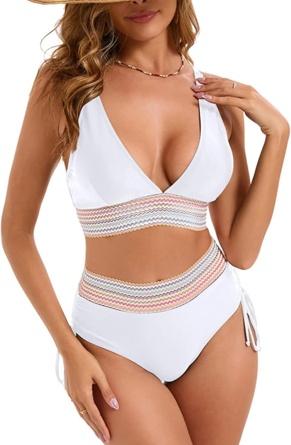 Women's Bikini Sets Sexy Deep-V Gathered Bras Stretchy High Waist Lace up Briefs Swimsuit Bathing Suits Swimwear