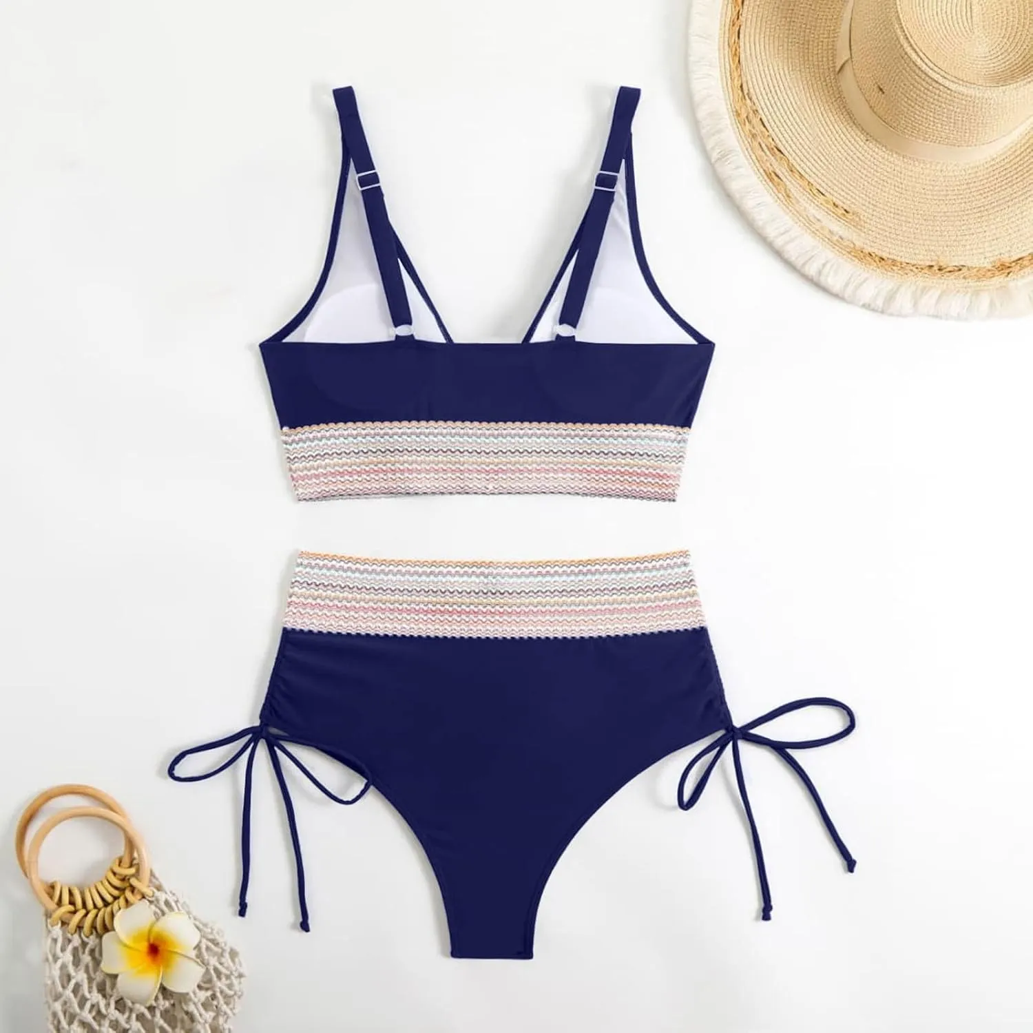 Women's Bikini Sets Sexy Deep-V Gathered Bras Stretchy High Waist Lace up Briefs Swimsuit Bathing Suits Swimwear