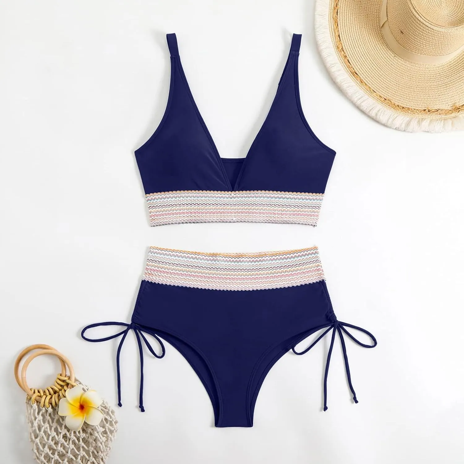Women's Bikini Sets Sexy Deep-V Gathered Bras Stretchy High Waist Lace up Briefs Swimsuit Bathing Suits Swimwear