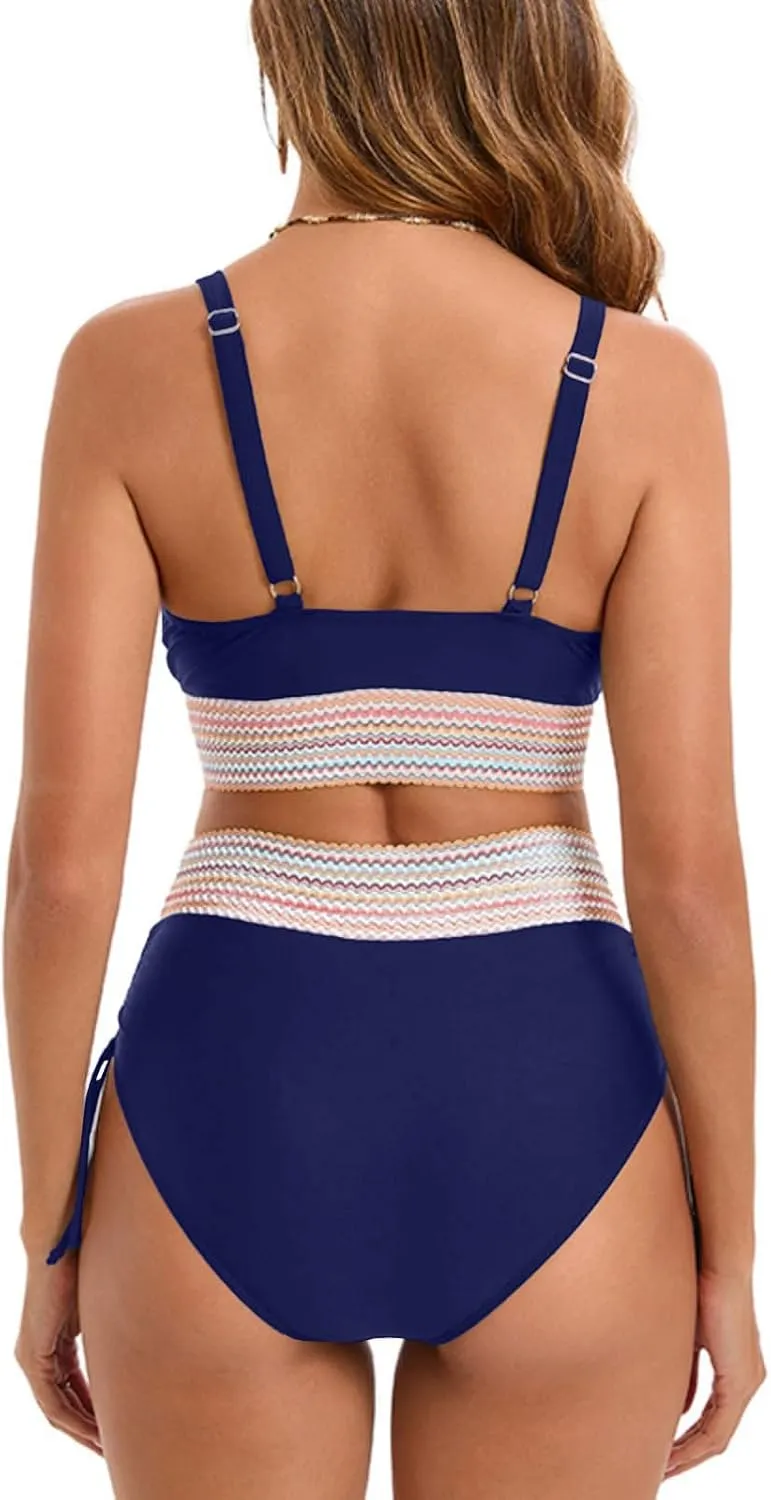 Women's Bikini Sets Sexy Deep-V Gathered Bras Stretchy High Waist Lace up Briefs Swimsuit Bathing Suits Swimwear