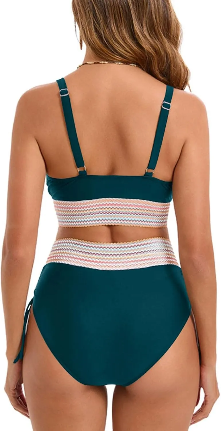 Women's Bikini Sets Sexy Deep-V Gathered Bras Stretchy High Waist Lace up Briefs Swimsuit Bathing Suits Swimwear