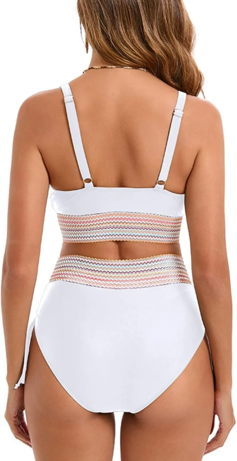Women's Bikini Sets Sexy Deep-V Gathered Bras Stretchy High Waist Lace up Briefs Swimsuit Bathing Suits Swimwear