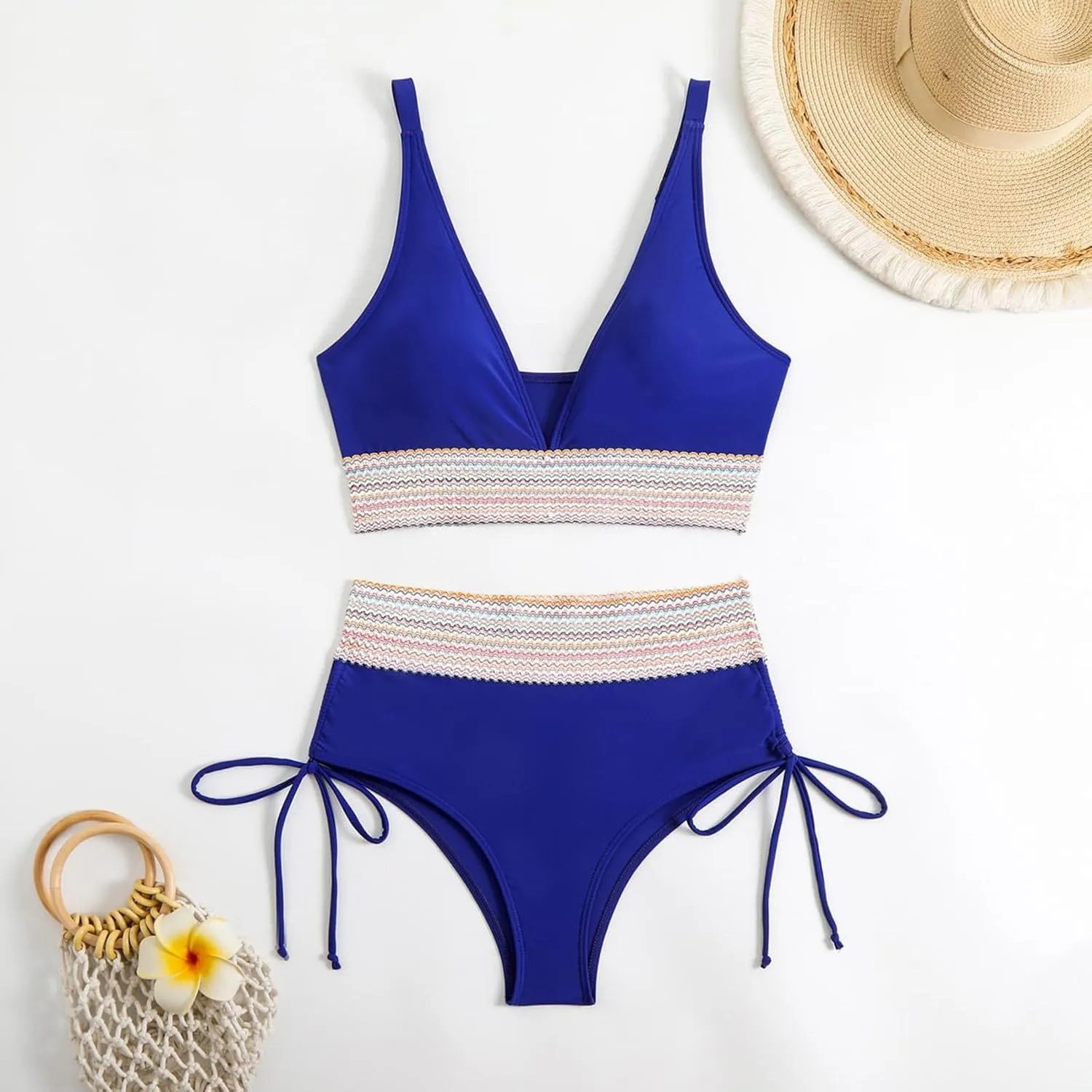 Women's Bikini Sets Sexy Deep-V Gathered Bras Stretchy High Waist Lace up Briefs Swimsuit Bathing Suits Swimwear