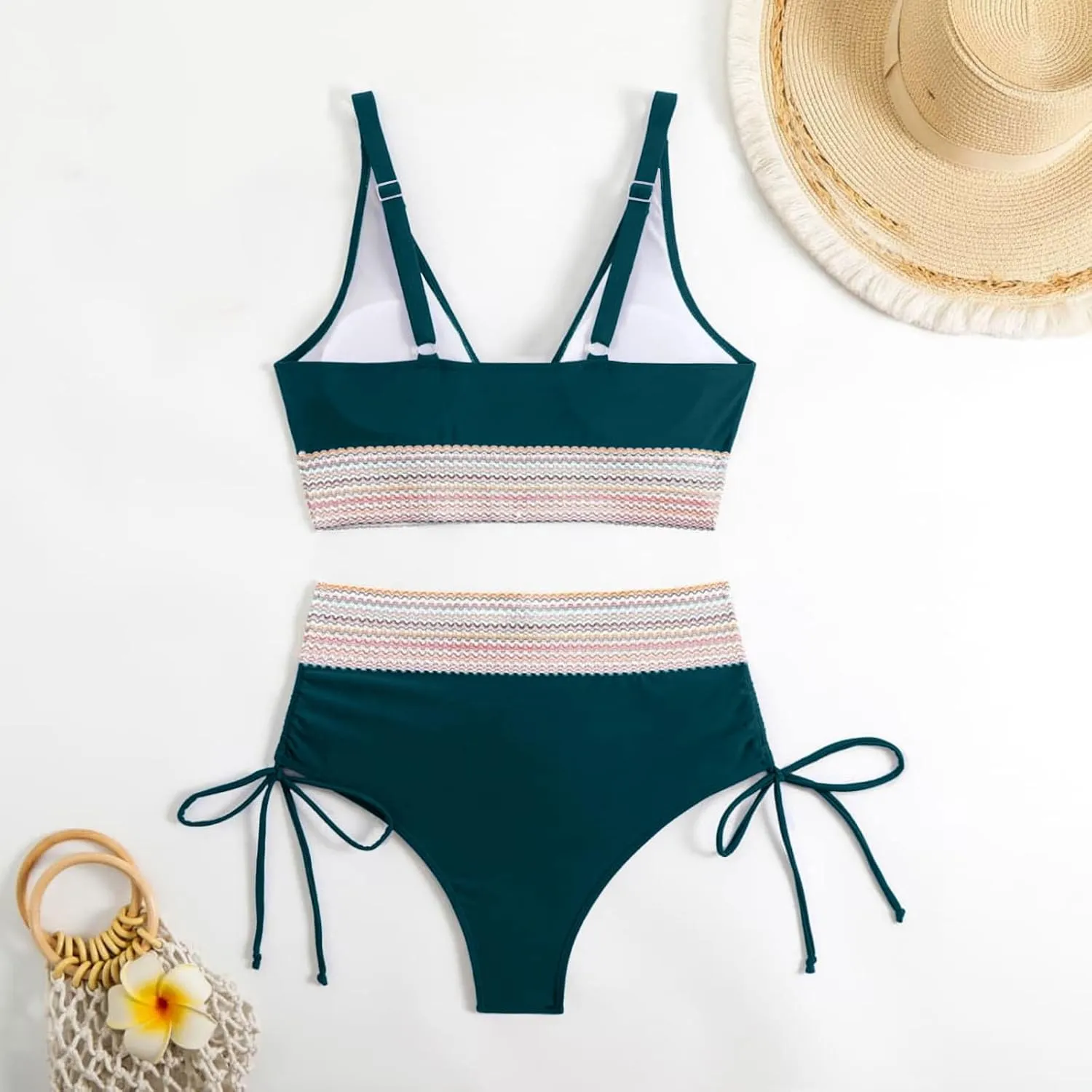 Women's Bikini Sets Sexy Deep-V Gathered Bras Stretchy High Waist Lace up Briefs Swimsuit Bathing Suits Swimwear