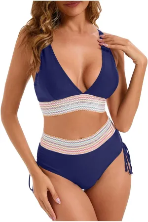 Women's Bikini Sets Sexy Deep-V Gathered Bras Stretchy High Waist Lace up Briefs Swimsuit Bathing Suits Swimwear