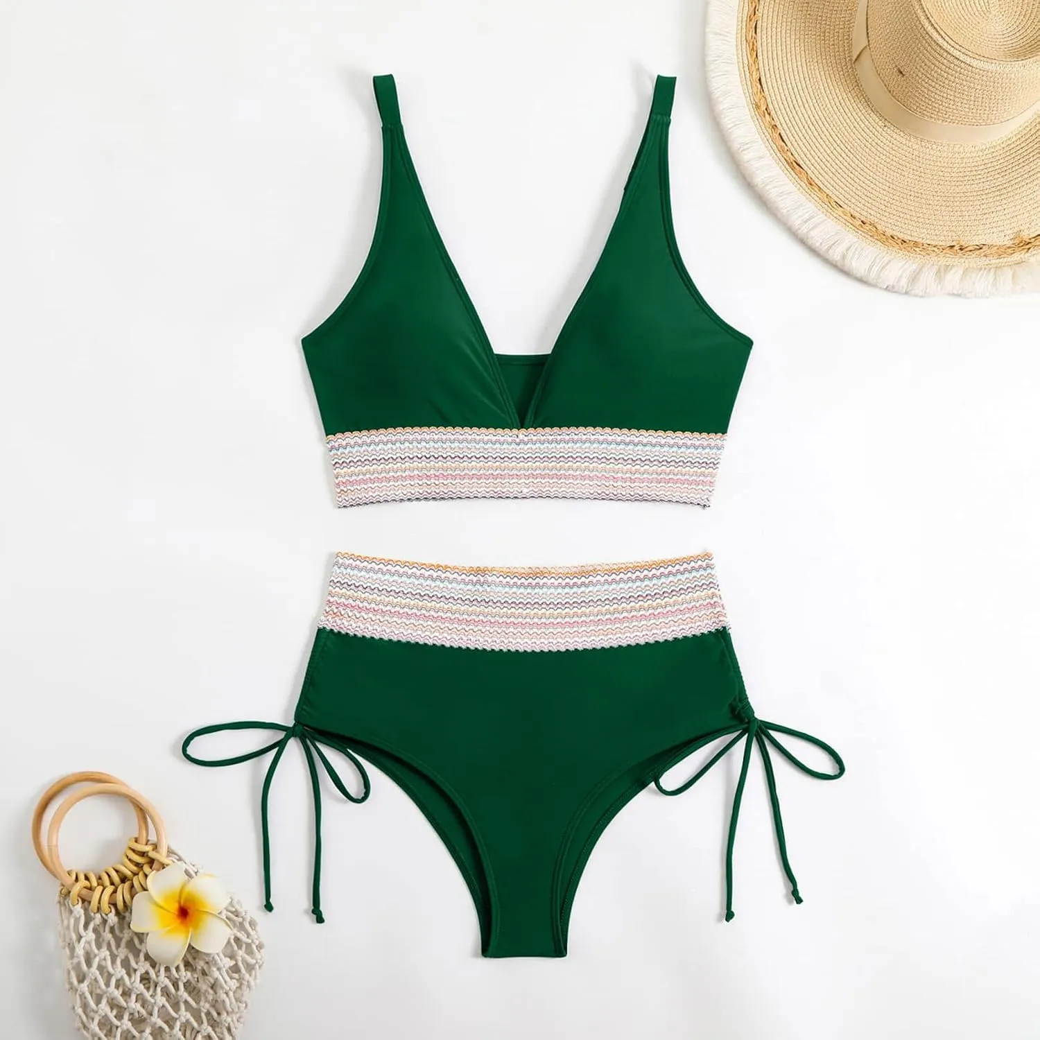 Women's Bikini Sets Sexy Deep-V Gathered Bras Stretchy High Waist Lace up Briefs Swimsuit Bathing Suits Swimwear