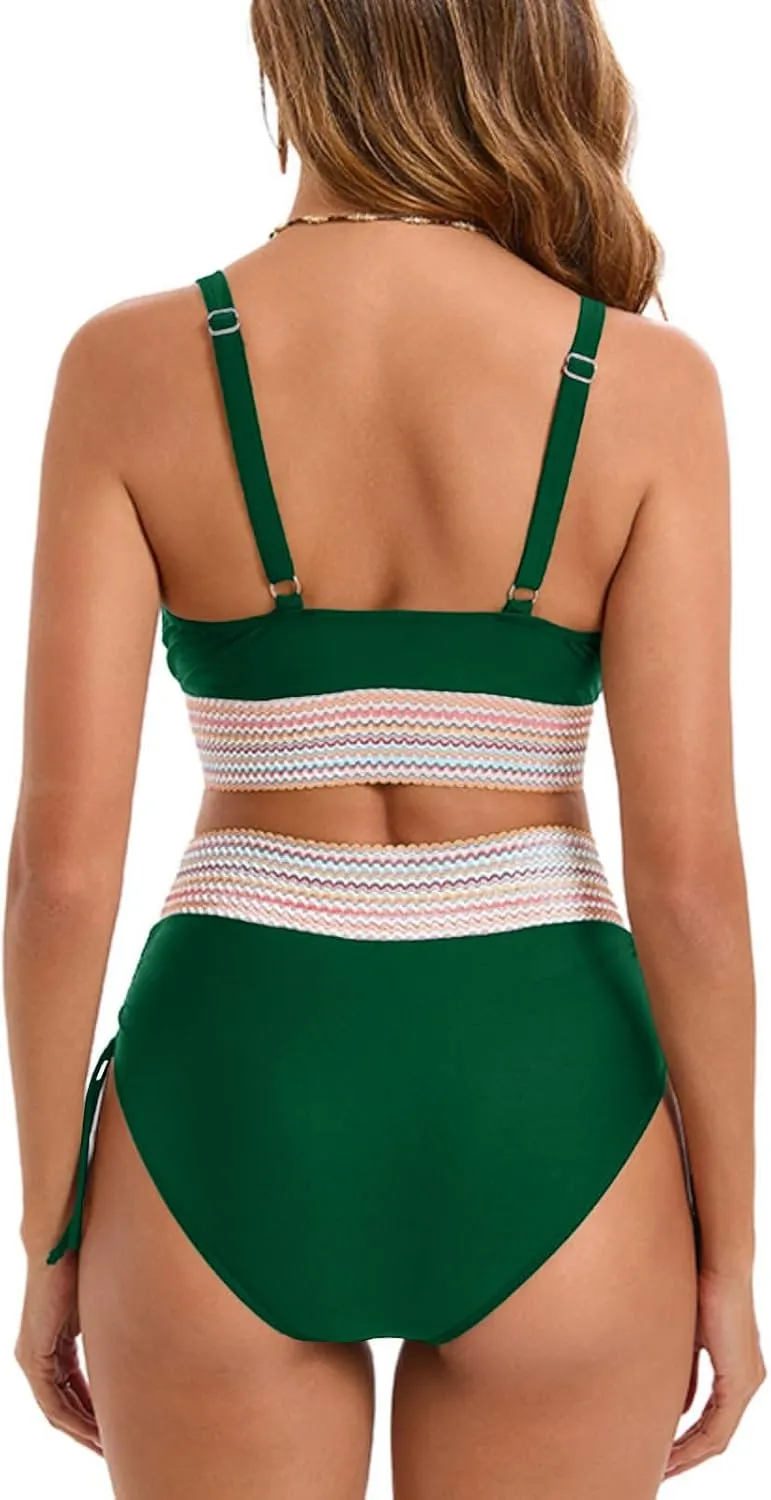 Women's Bikini Sets Sexy Deep-V Gathered Bras Stretchy High Waist Lace up Briefs Swimsuit Bathing Suits Swimwear