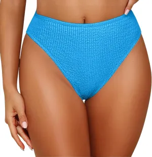 Women's Bikini Swim Bottom Briefs Ribbed High Cut Mid Waist Cheeky Bathing Suit Bottom Tummy Control Swimwear Bottoms