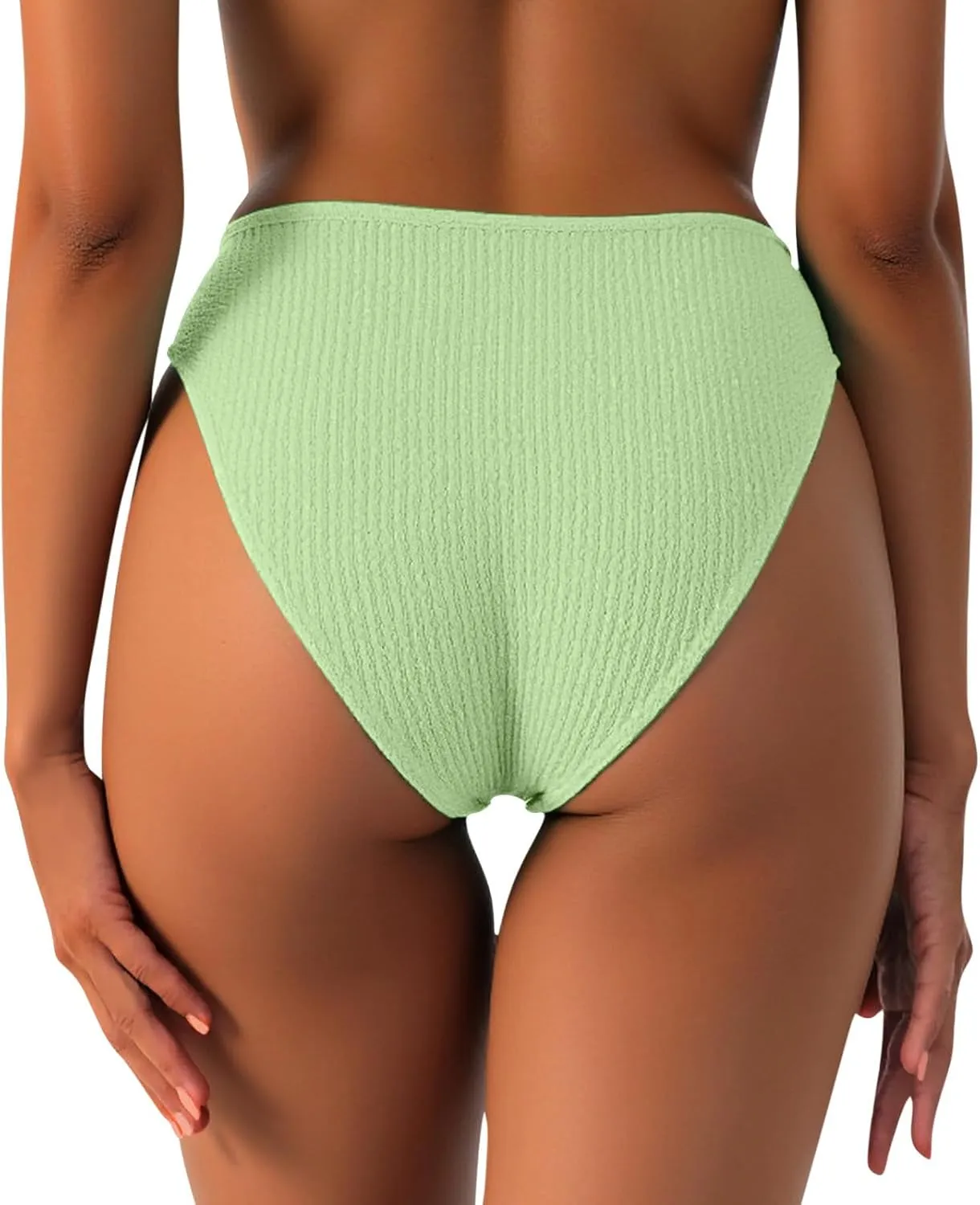Women's Bikini Swim Bottom Briefs Ribbed High Cut Mid Waist Cheeky Bathing Suit Bottom Tummy Control Swimwear Bottoms