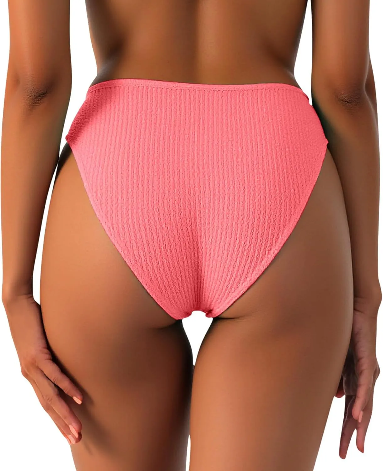 Women's Bikini Swim Bottom Briefs Ribbed High Cut Mid Waist Cheeky Bathing Suit Bottom Tummy Control Swimwear Bottoms