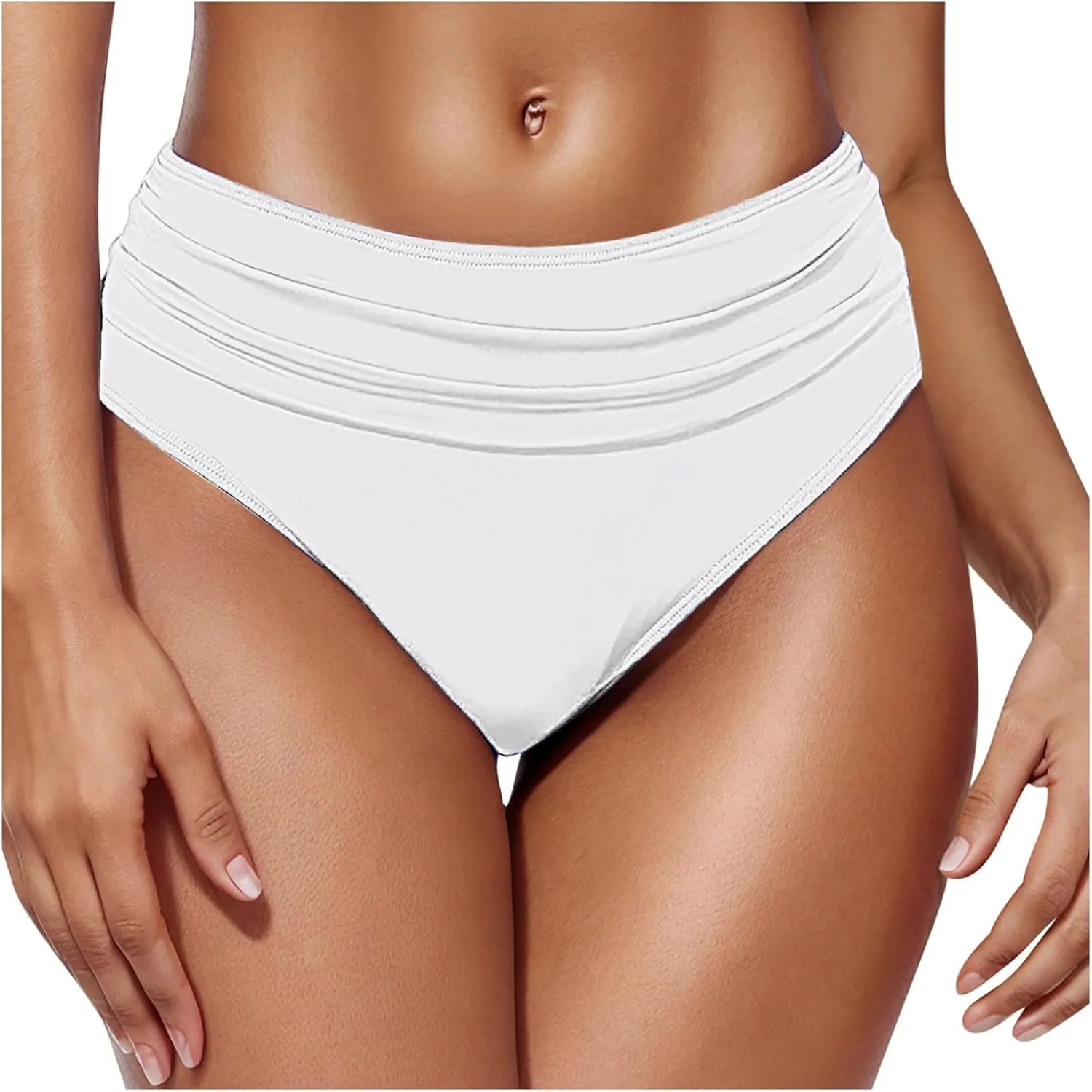 Women's Bikini Swim Bottom Briefs Ribbed High Cut Mid Waist Cheeky Bathing Suit Bottom Tummy Control Swimwear Bottoms
