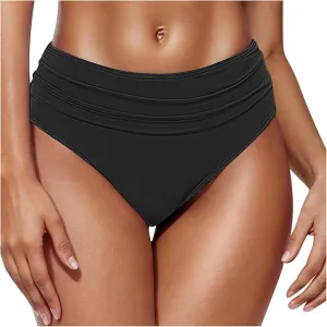 Women's Bikini Swim Bottom Briefs Ribbed High Cut Mid Waist Cheeky Bathing Suit Bottom Tummy Control Swimwear Bottoms