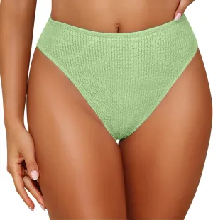 Women's Bikini Swim Bottom Briefs Ribbed High Cut Mid Waist Cheeky Bathing Suit Bottom Tummy Control Swimwear Bottoms