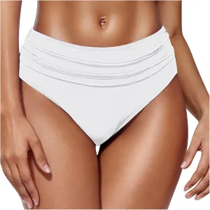 Women's Bikini Swim Bottom Briefs Ribbed High Cut Mid Waist Cheeky Bathing Suit Bottom Tummy Control Swimwear Bottoms