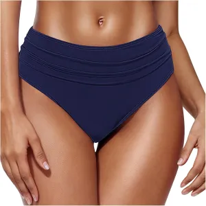 Women's Bikini Swim Bottom Briefs Ribbed High Cut Mid Waist Cheeky Bathing Suit Bottom Tummy Control Swimwear Bottoms