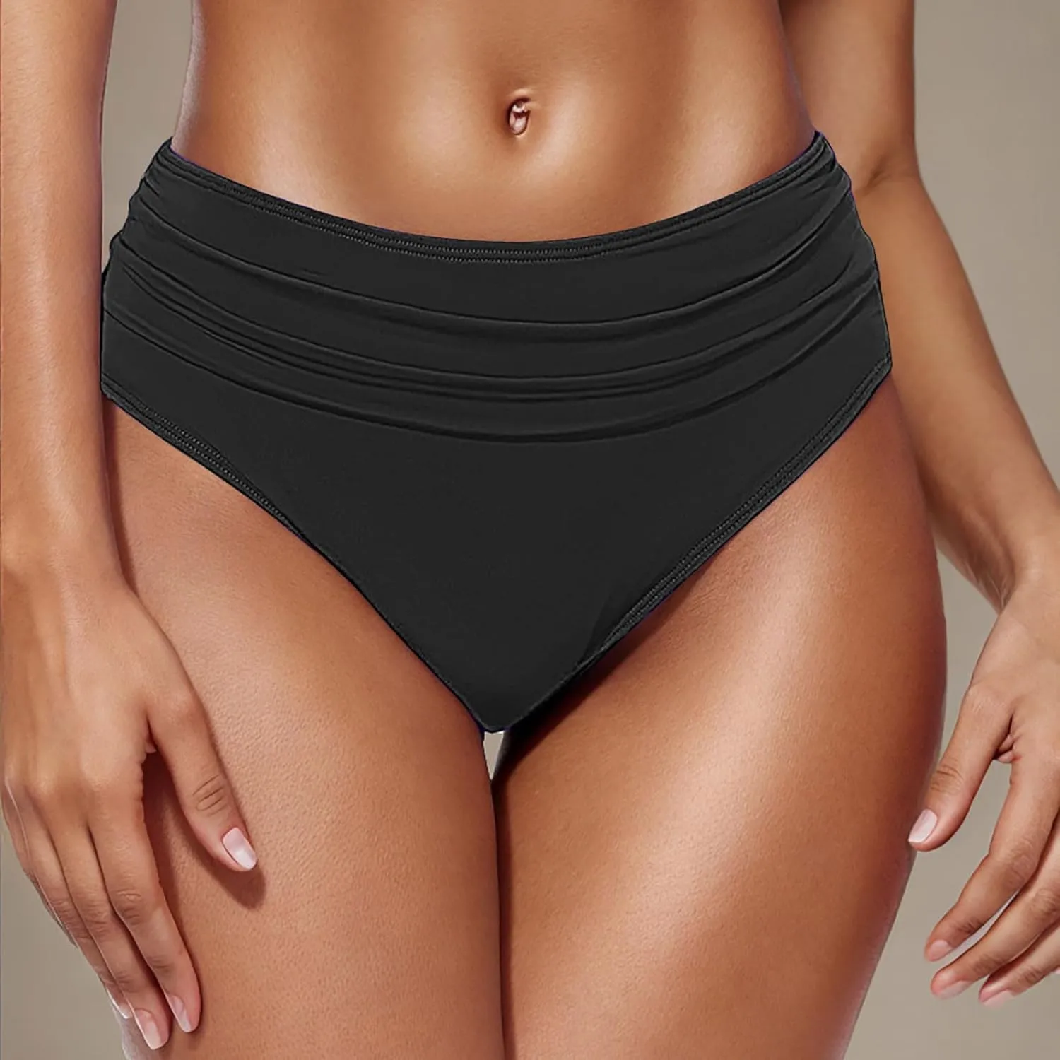 Women's Bikini Swim Bottom Briefs Ribbed High Cut Mid Waist Cheeky Bathing Suit Bottom Tummy Control Swimwear Bottoms