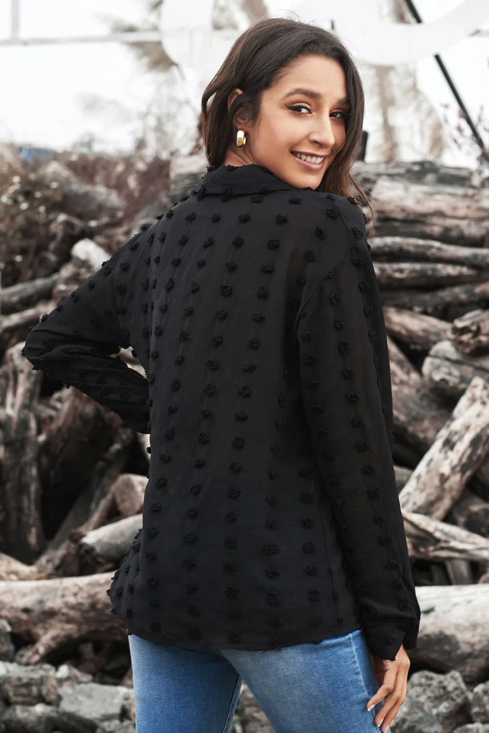 Women's Black Long Sleeve Button Fuzzy Polka Dot Work Shirt