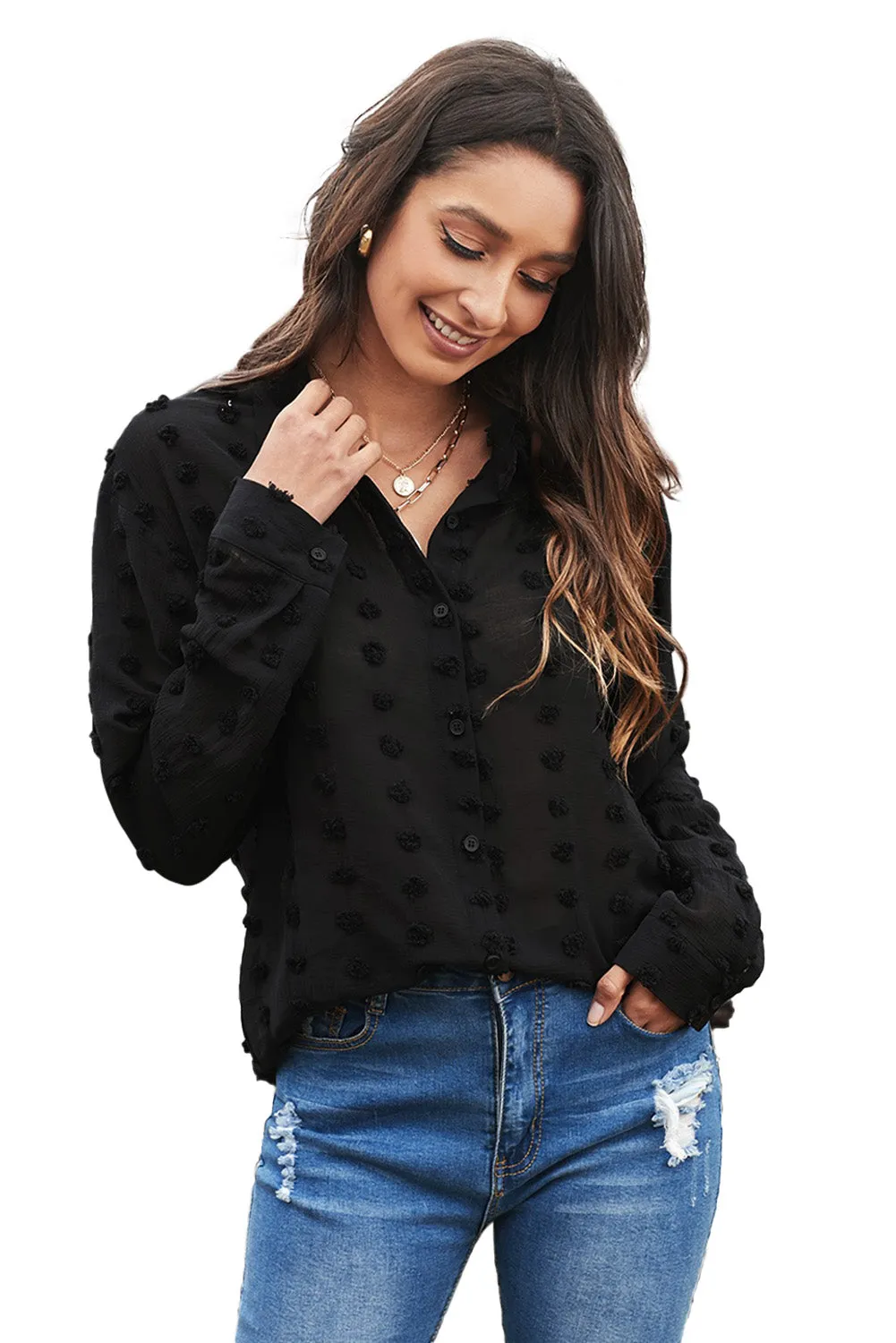 Women's Black Long Sleeve Button Fuzzy Polka Dot Work Shirt