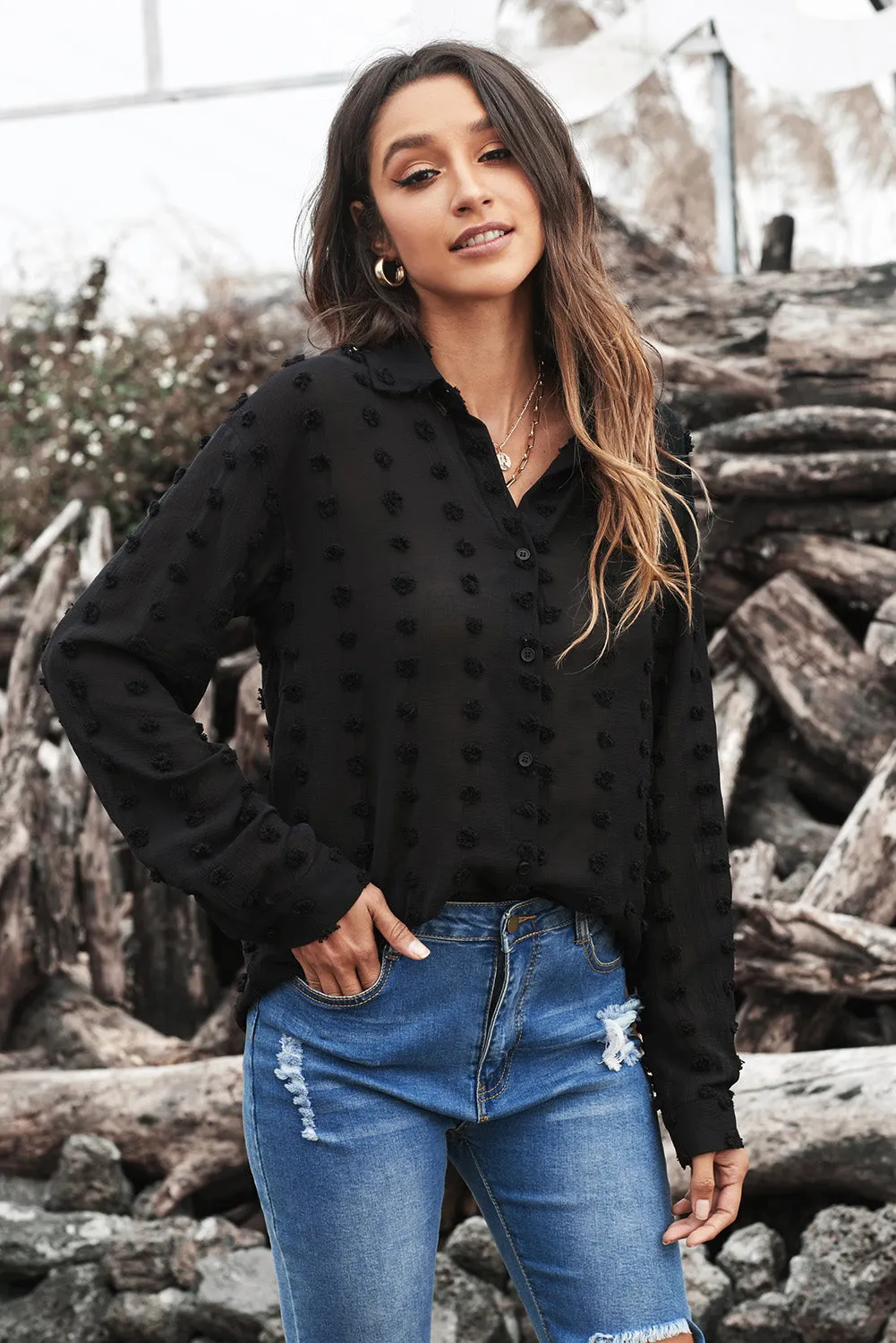 Women's Black Long Sleeve Button Fuzzy Polka Dot Work Shirt