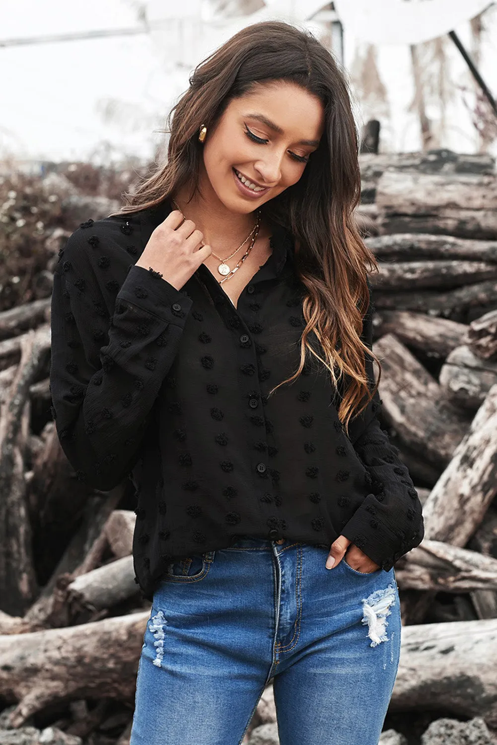 Women's Black Long Sleeve Button Fuzzy Polka Dot Work Shirt