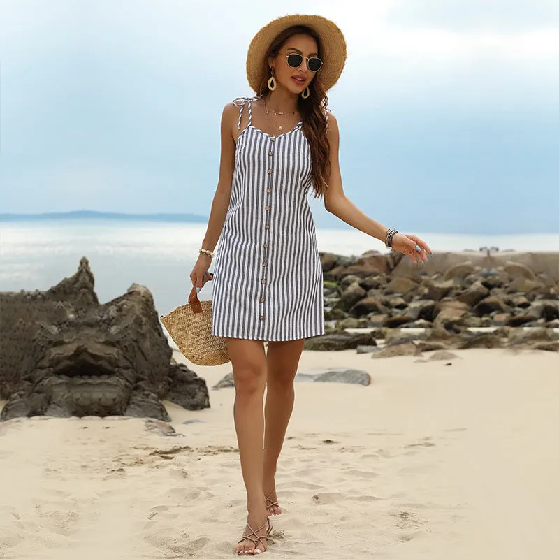 Women's Blue Stripe V Neck Suspender Dress