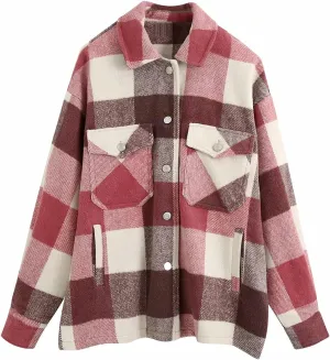 Womens Brushed Flannel Shirts Jackets Button Down Plaid Short Pocketed Shackets Coats Boyfriend Oversized Blouses Pink