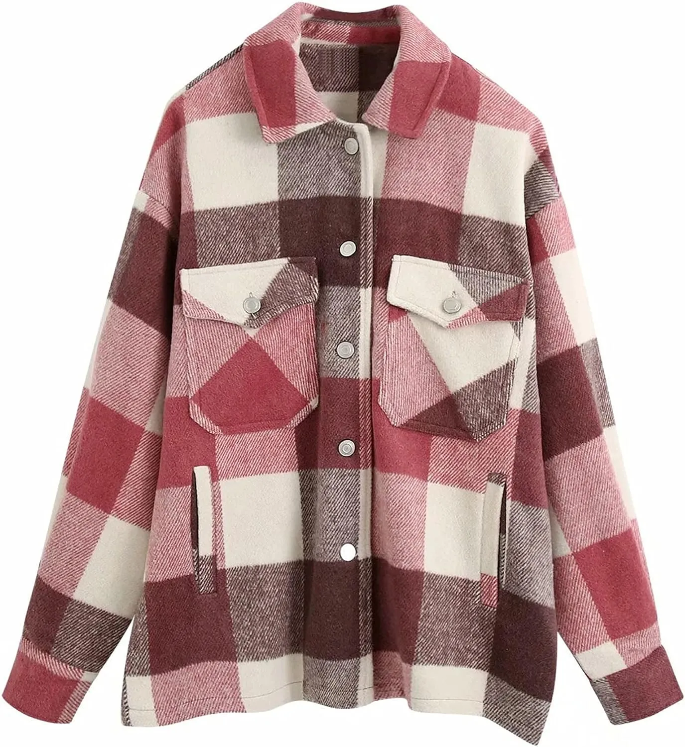 Womens Brushed Flannel Shirts Jackets Button Down Plaid Short Pocketed Shackets Coats Boyfriend Oversized Blouses Pink