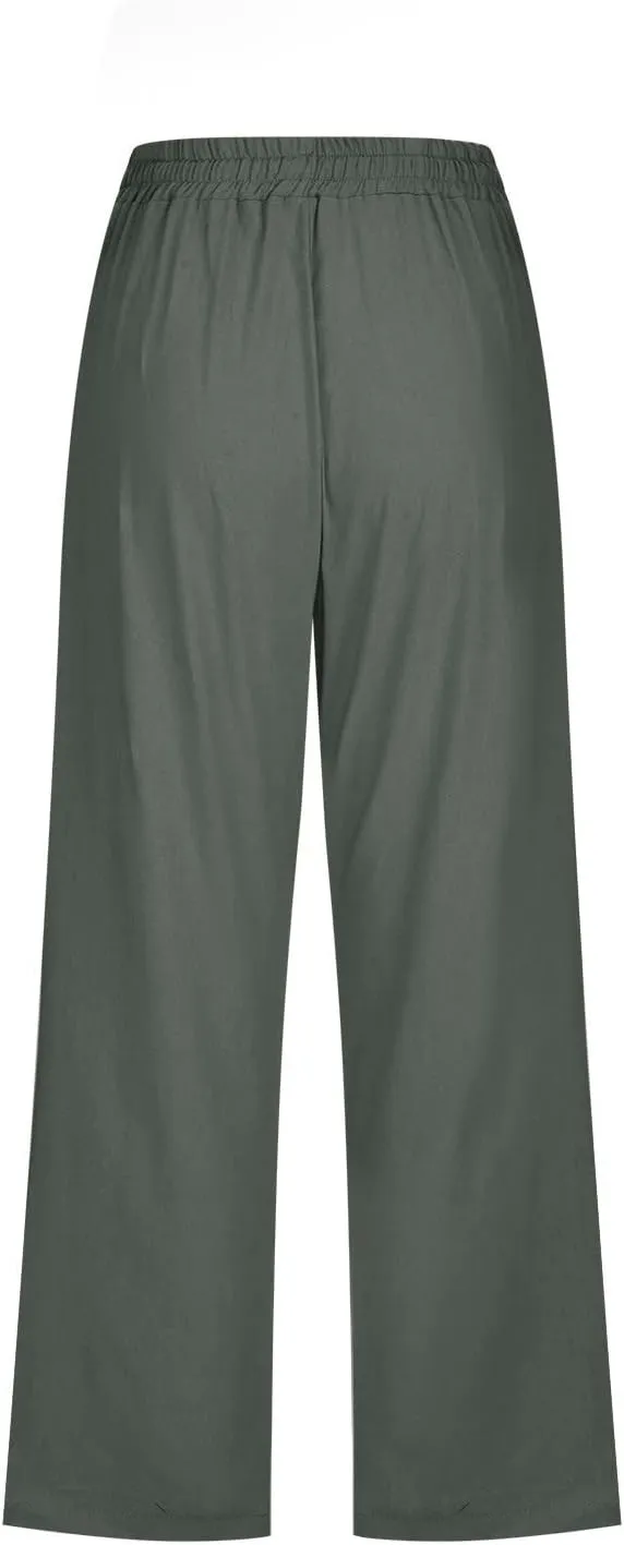 Women's Capri Summer Cotton Linen Pants Casual Loose Comfy High Waist Cropped Trousers Palazzo Pants