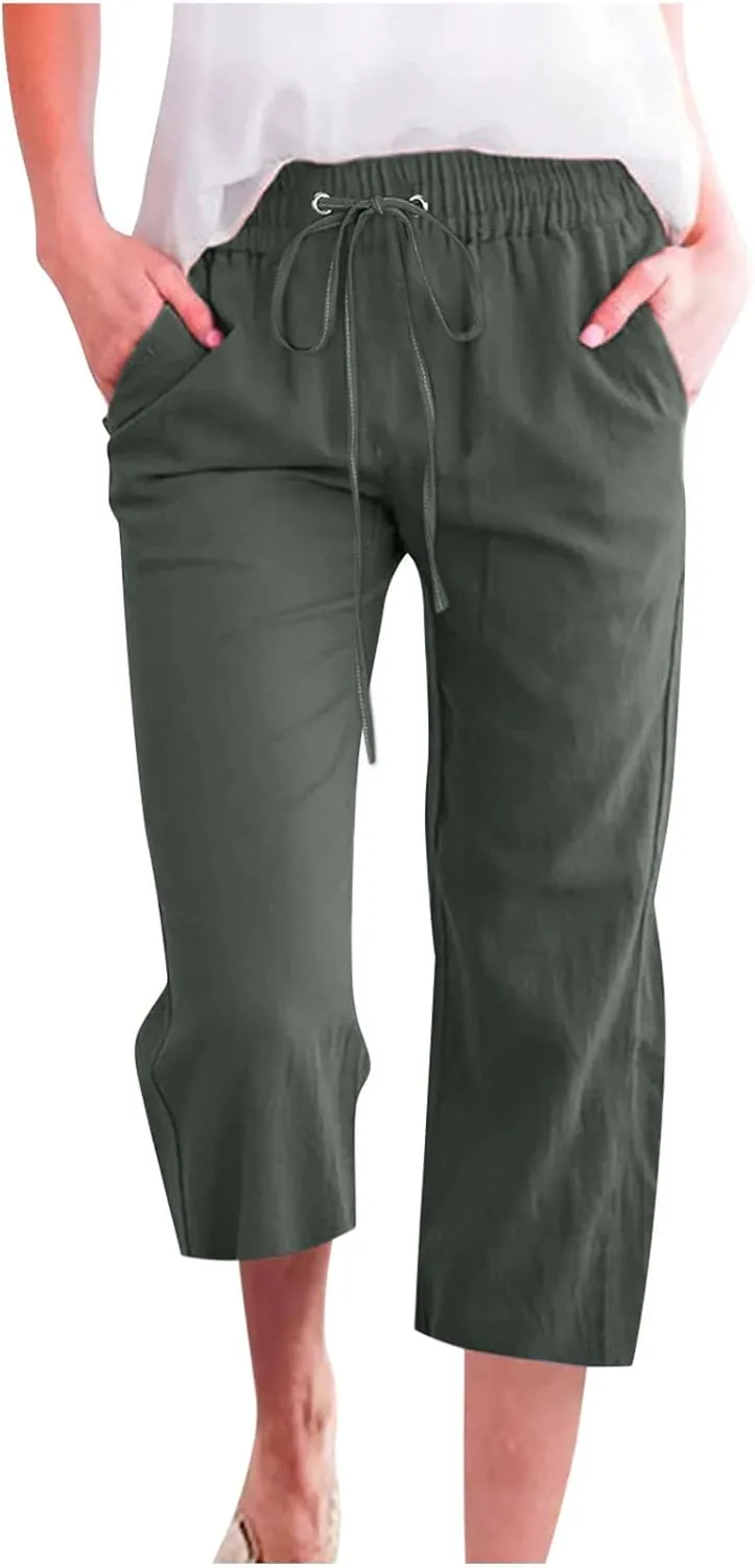 Women's Capri Summer Cotton Linen Pants Casual Loose Comfy High Waist Cropped Trousers Palazzo Pants