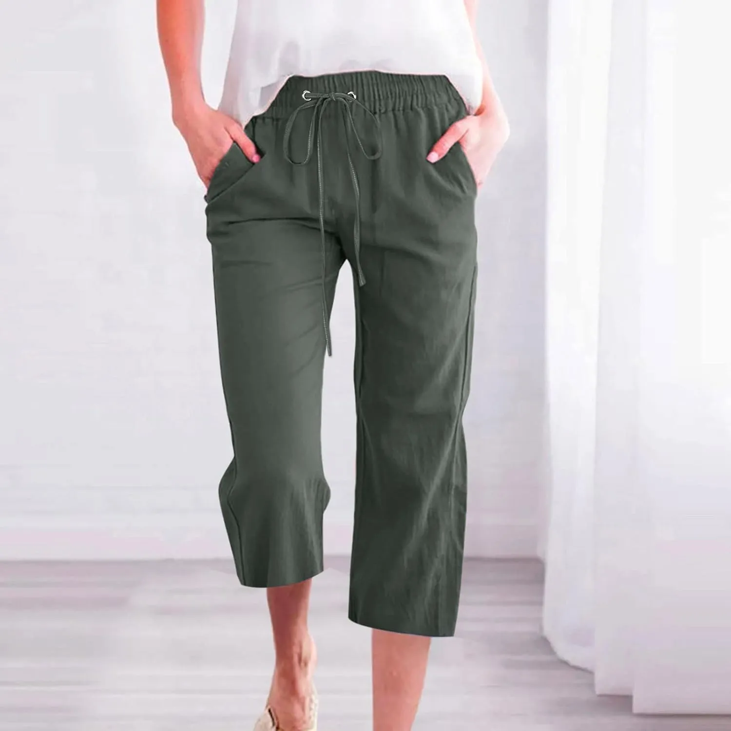 Women's Capri Summer Cotton Linen Pants Casual Loose Comfy High Waist Cropped Trousers Palazzo Pants