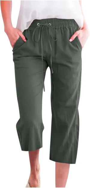 Women's Capri Summer Cotton Linen Pants Casual Loose Comfy High Waist Cropped Trousers Palazzo Pants