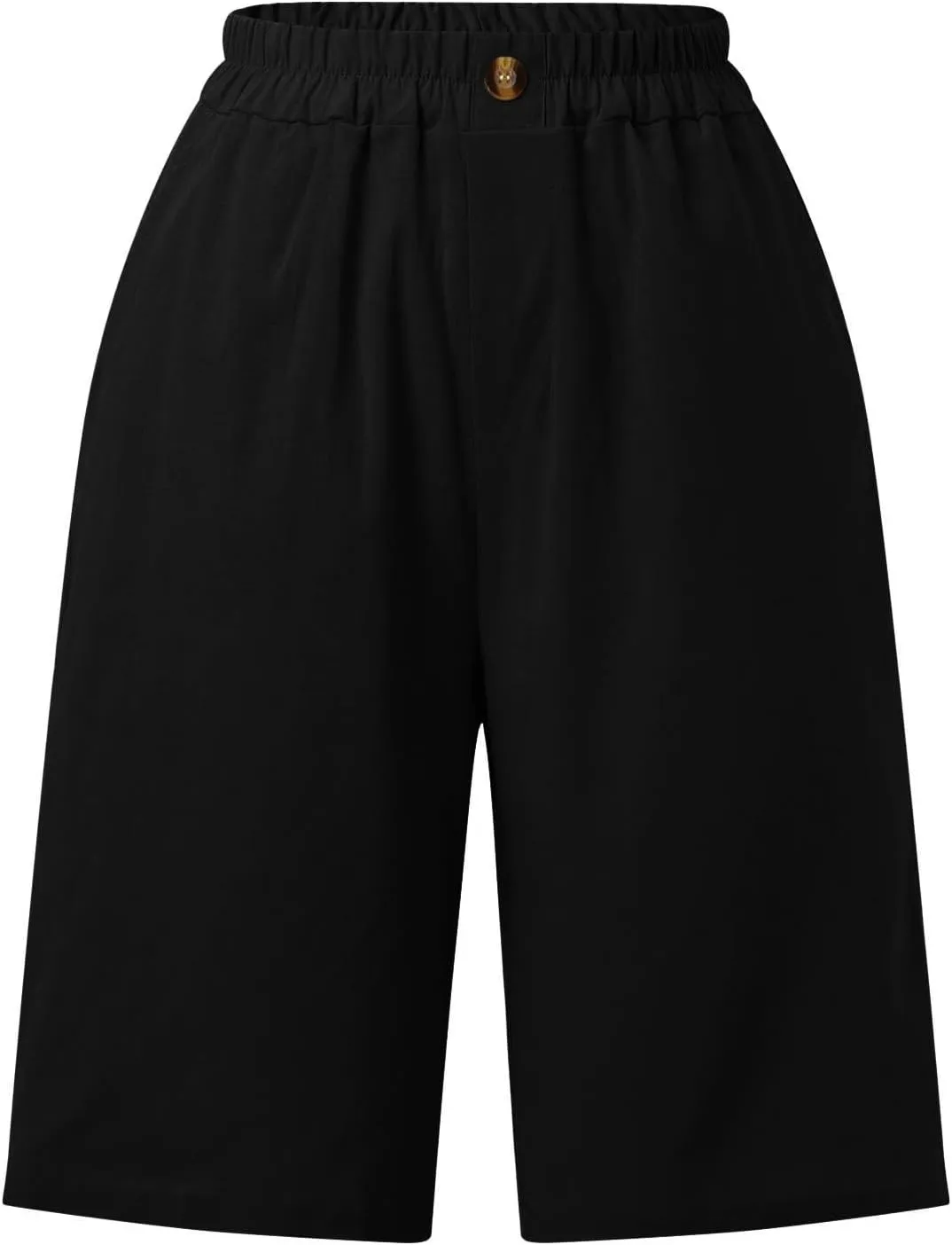 Womens Casual Bermuda Shorts Cotton Linen Elastic Waist Wide Leg Shorts Knee Length Summer Shorts with Pockets