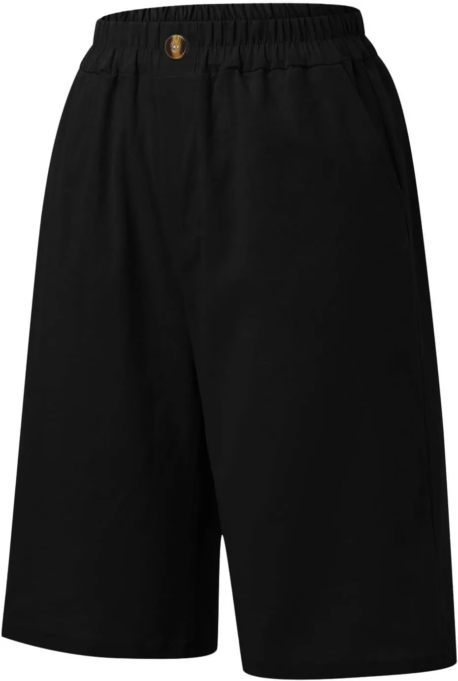 Womens Casual Bermuda Shorts Cotton Linen Elastic Waist Wide Leg Shorts Knee Length Summer Shorts with Pockets