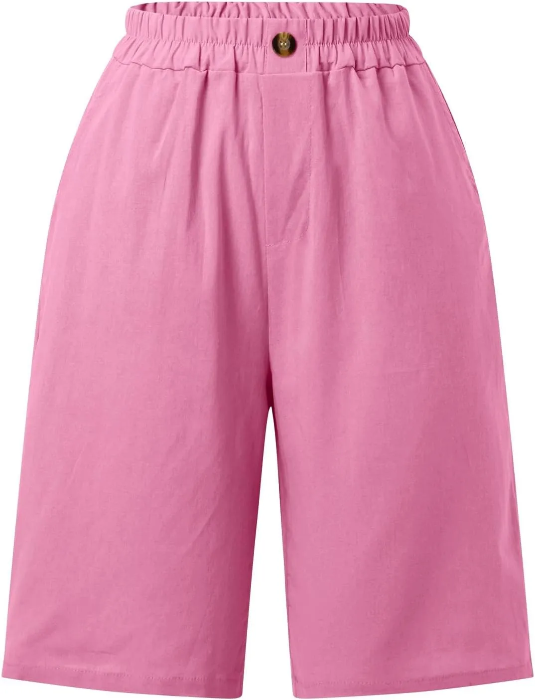 Womens Casual Bermuda Shorts Cotton Linen Elastic Waist Wide Leg Shorts Knee Length Summer Shorts with Pockets