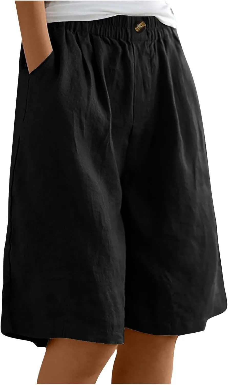 Womens Casual Bermuda Shorts Cotton Linen Elastic Waist Wide Leg Shorts Knee Length Summer Shorts with Pockets