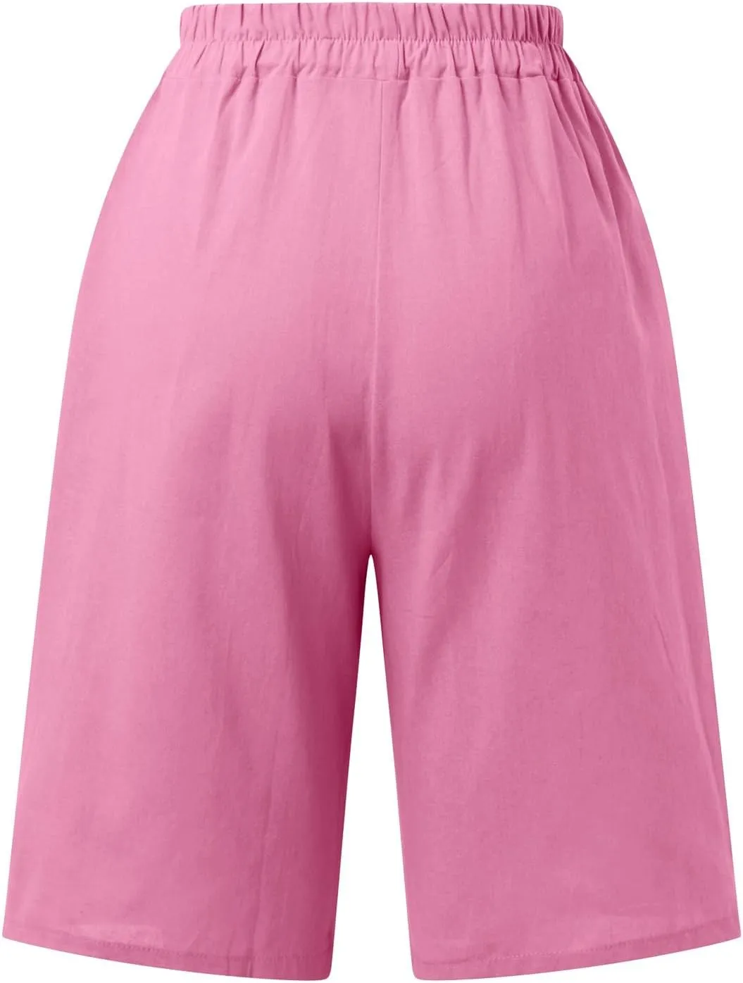 Womens Casual Bermuda Shorts Cotton Linen Elastic Waist Wide Leg Shorts Knee Length Summer Shorts with Pockets